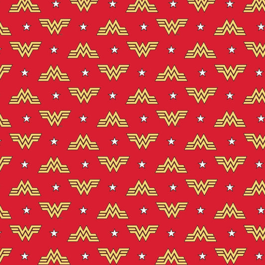 DC Comics Wonder Woman 1984 Logo and Stars Red Camelot Fabrics Cotton Fabric CF-23400825-01