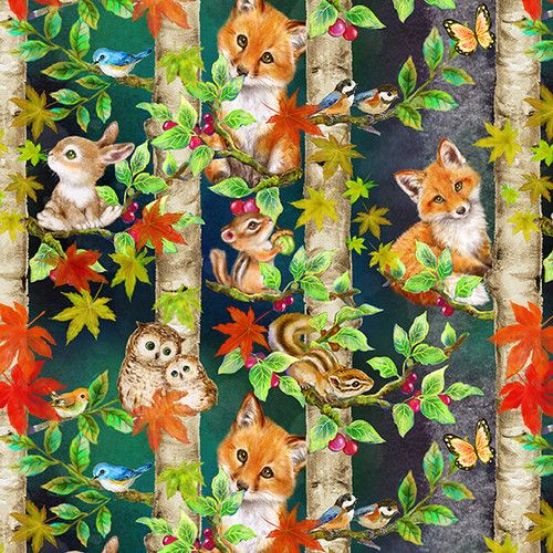 Auburn Fox Woodland Animals Cub Rabbit Owl Navy Kayomi Harai Studio E Cotton Fabric