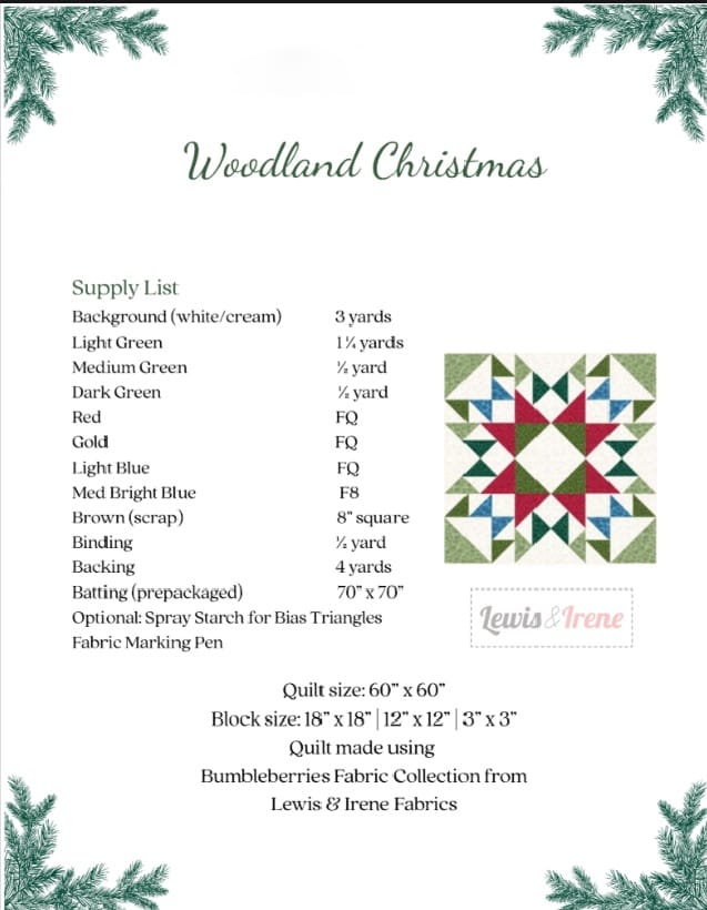 Woodland Christmas Quilt Kit 60"x 60" Nancy McNally Bumbleberries Blender Lewis and Irene Cotton Fabric LI-WoodLandChristmasKit | US Fabric Shop