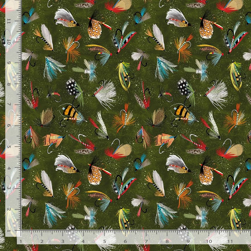 Woodland Retreat Fly Fishing Lures Hunter Gail Cadden Timeless Treasures Cotton Fabric TT-GAIL-CD3480-HUNTER | US Fabric Shop