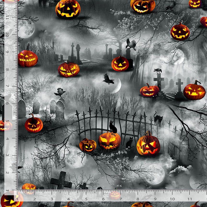Wicked Graveyard Pumpkin Garden Grey Timeless Treasures Cotton Fabric TT-CD1826-GREY
