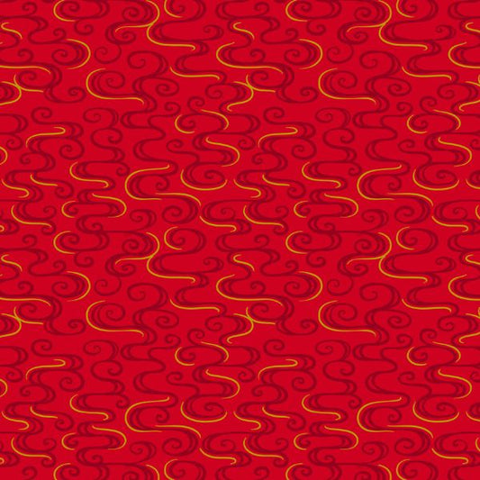 Year of the Dragon Dragons Swirl Red Gold Metallic Lewis & Irene Cotton Fabric