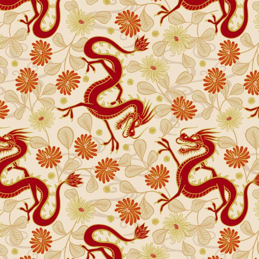 Year of the Dragon Dragons Cream Gold Metallic Lewis & Irene Cotton Fabric