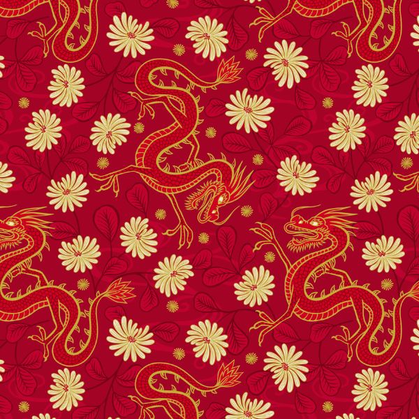 Year of the Dragon Dragons Red Gold Metallic Lewis & Irene Cotton Fabric