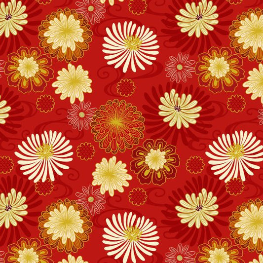 Year of the Dragon Floral Red Gold Metallic Lewis & Irene Cotton Fabric