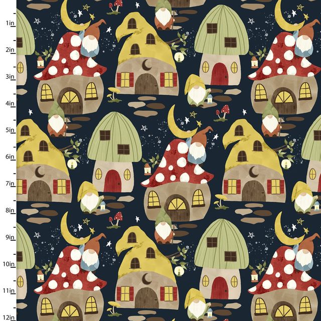 You Light My Way Gnome Night Gnomes Mushroom Homes Navy Deane Beesley 3 Wishes Cotton Fabric