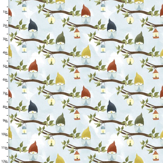 You Light My Way Gnome Owls Sitting Tree Branches Blue Deane Beesley 3 Wishes Cotton Fabric