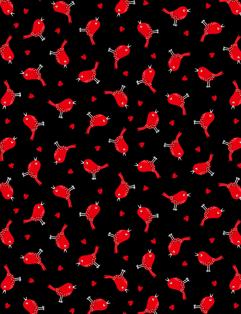You Make My Heart Happy Gail Cadden Little Red Birds Black Timeless Treasures Cotton Fabric