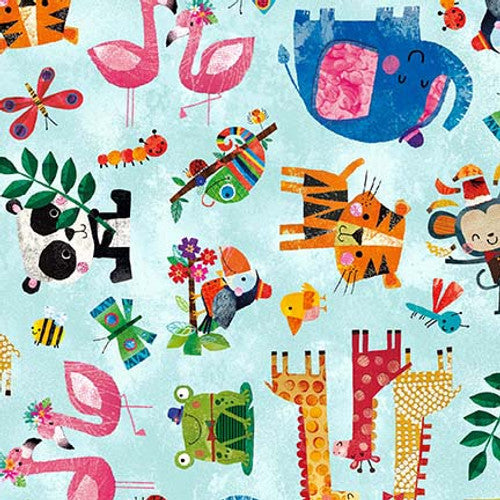 Zoo Crew Characters Allover Soft Blue Lindsey Sagar Blank Quilting Cotton Fabric