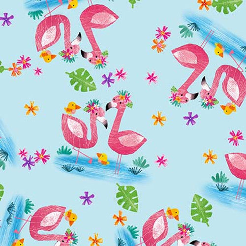 Zoo Crew Tossed Flamingos Soft Blue Lindsey Sagar Blank Quilting Cotton Fabric