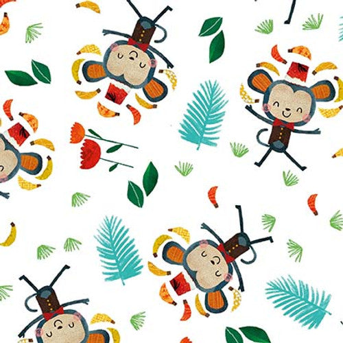 Zoo Crew Tossed Monkeys White Lindsey Sagar Blank Quilting Cotton Fabric