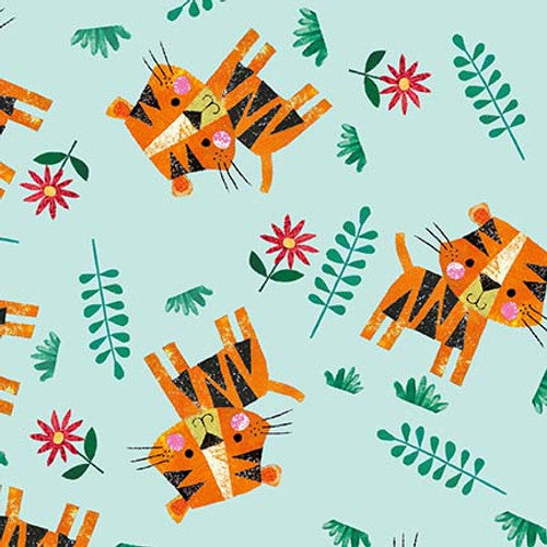 Zoo Crew Tossed Tigers Soft Blue Lindsey Sagar Blank Quilting Cotton Fabric