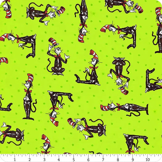 Halloween Growls, Yowls and Howls Spooky Cat the Hat Lime Dr. Seuss Robert Kaufman Cotton Fabric RK-ADED-21645-282