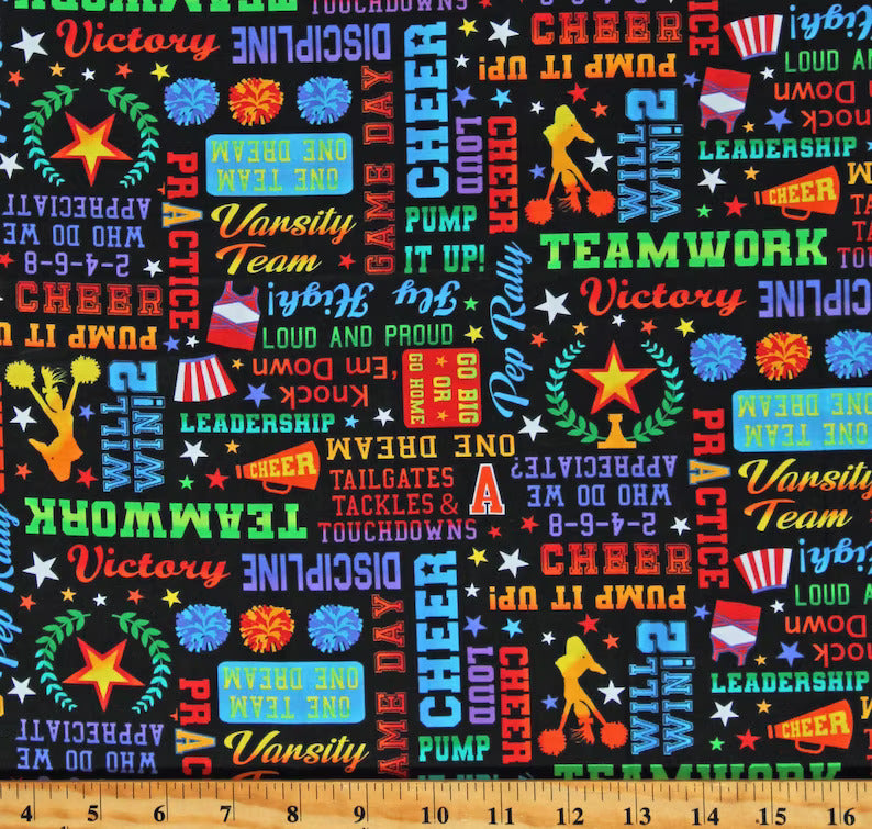 Cheer Squad Cheerleader Words Text Black Gail Cadden Timeless Treasures Cotton Fabric
