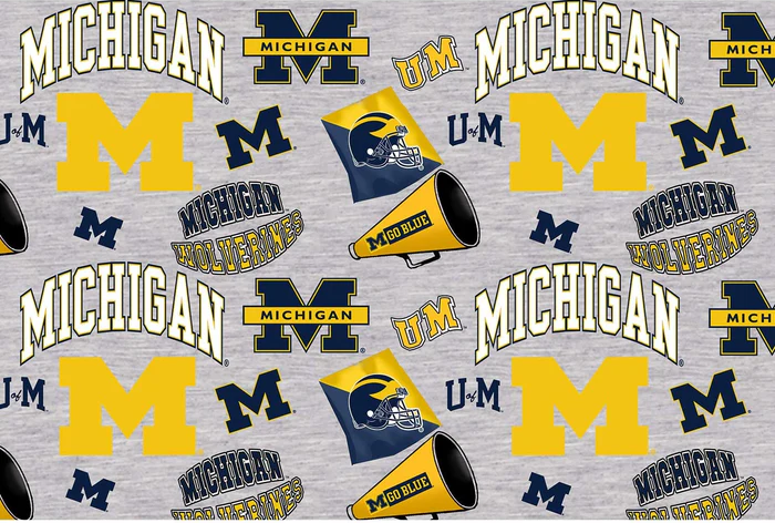 Michigan University Wolverines NCAA Mascot Allover Heather Gray Sykel Cotton Fabric MCHG-1164