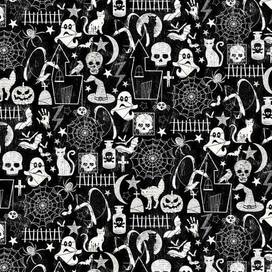Bad Blood Collection Halloween Motifs Ghost Cats Glow Dark Timeless Treasures Cotton Fabric TT-C7787-BLK