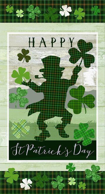 Hello Lucky Leprechaun Panel 24" Green Andrea Tacheira Henry Glass Cotton Fabric