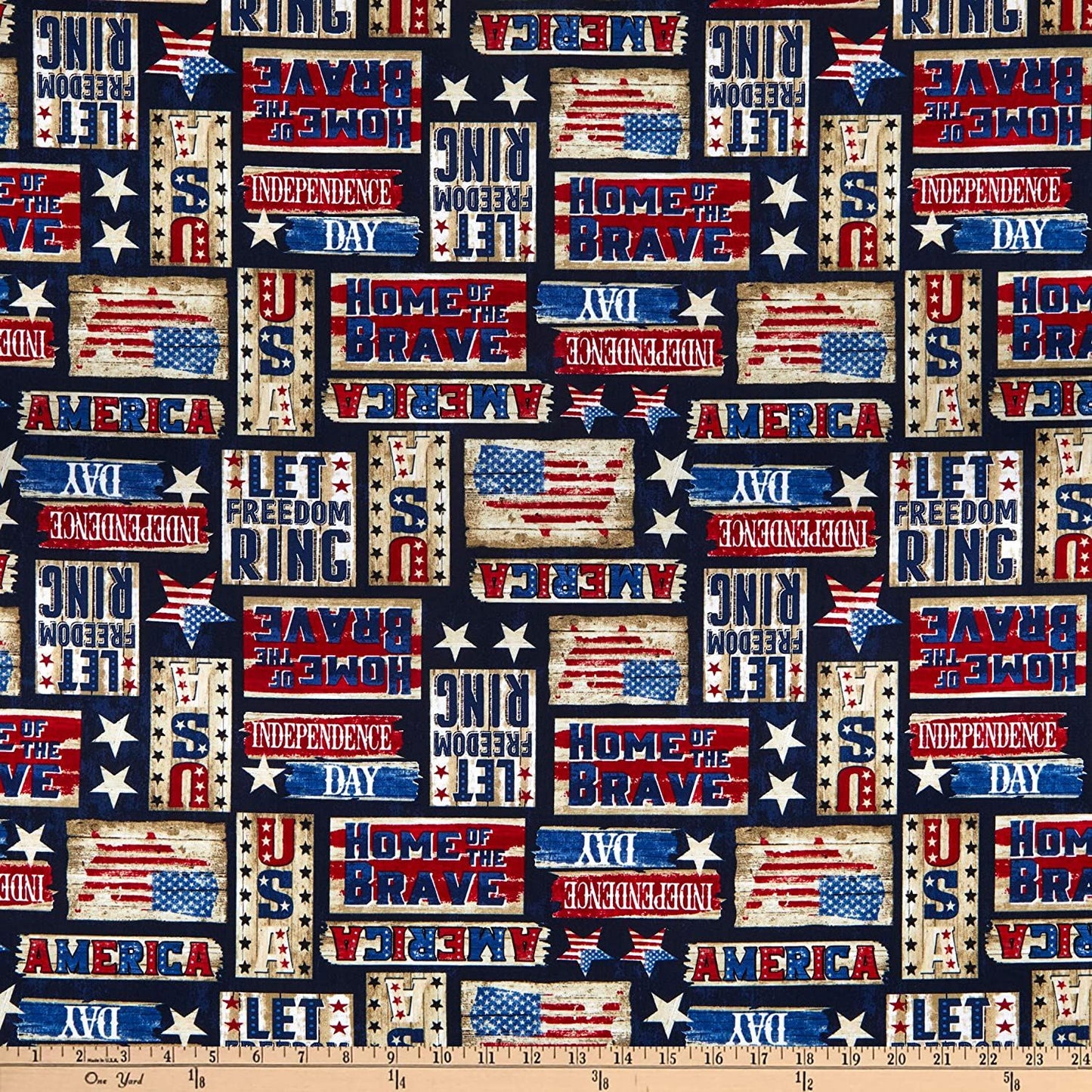 Let Freedom Ring Patriotic Rustic Signs Navy Timeless Treasures Cotton Fabric TT-C7996 Navy