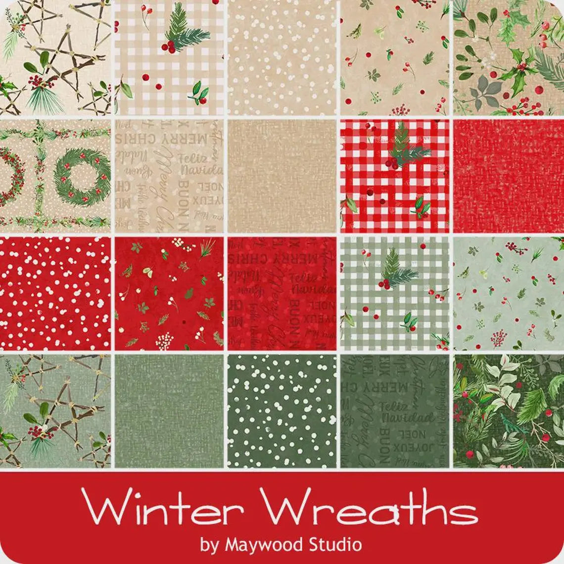 Winter Wreaths 5" Squares Charm Pack 42pcs Maywood Studio Cotton Fabric MS-CP-MASWIWR