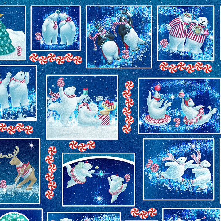 12 Days of Christmas Continuous Block Polar Bear Reindeer Seal Cyan Blue Sue Ellen Brown Studio E Cotton Fabric