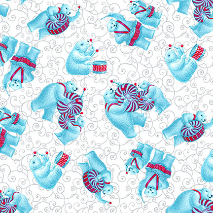 12 Days of Christmas Drummer Polar Bear Tossed White Sue Ellen Brown Studio E Cotton Fabric