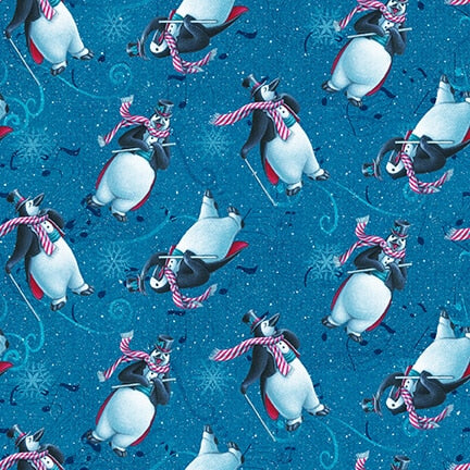 12 Days of Christmas Penguins Tossed Cyan Blue Sue Ellen Brown Studio E Cotton Fabric