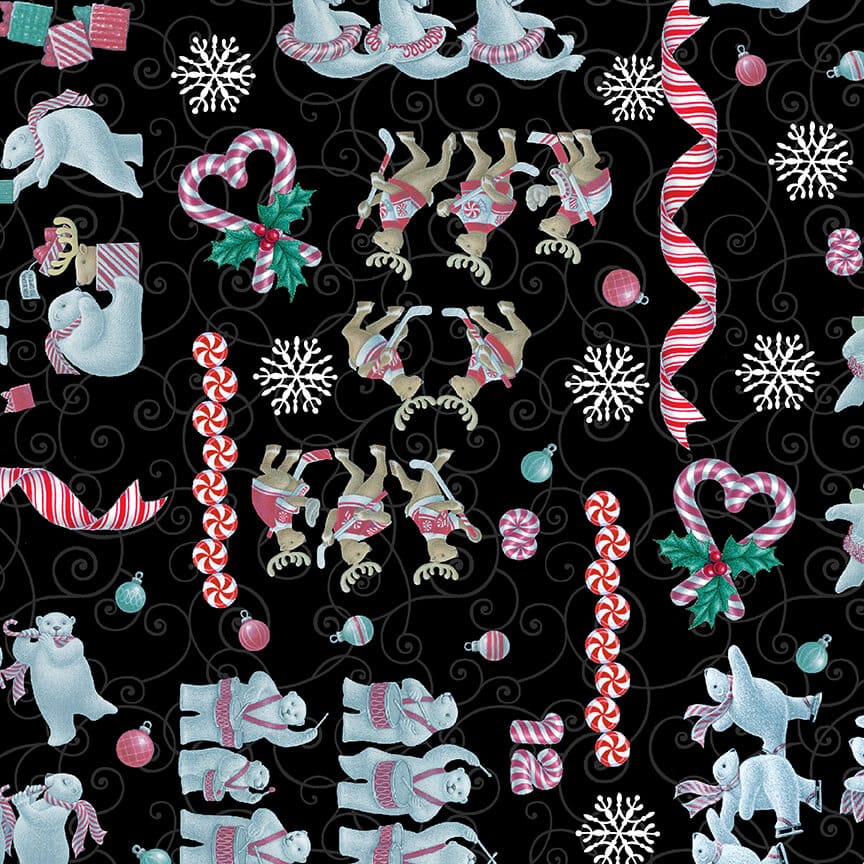 12 Days of Christmas Reindeer Polar Bear Penguins Patchwork Black Sue Ellen Brown Studio E Cotton Fabric