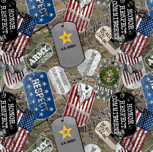 Army Military Dog Tags Allover Print Sykel Enterprises Cotton Fabric SYK-1254-A | US Fabric Shop