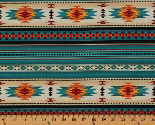 Tucson Aztec Southwestern Native American Stripe Turquoise Blue Elizabeth's Studio Cotton Fabric