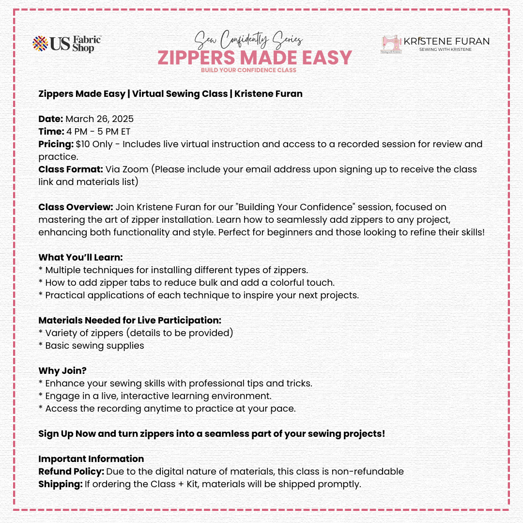 Zippers Made Easy | Virtual Sewing Class | Kristene Furan