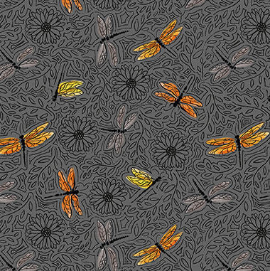 Mellow Yellow Dragonflies Gray Satin Moon Designs Blank Quilting Fabrics Cotton Fabric