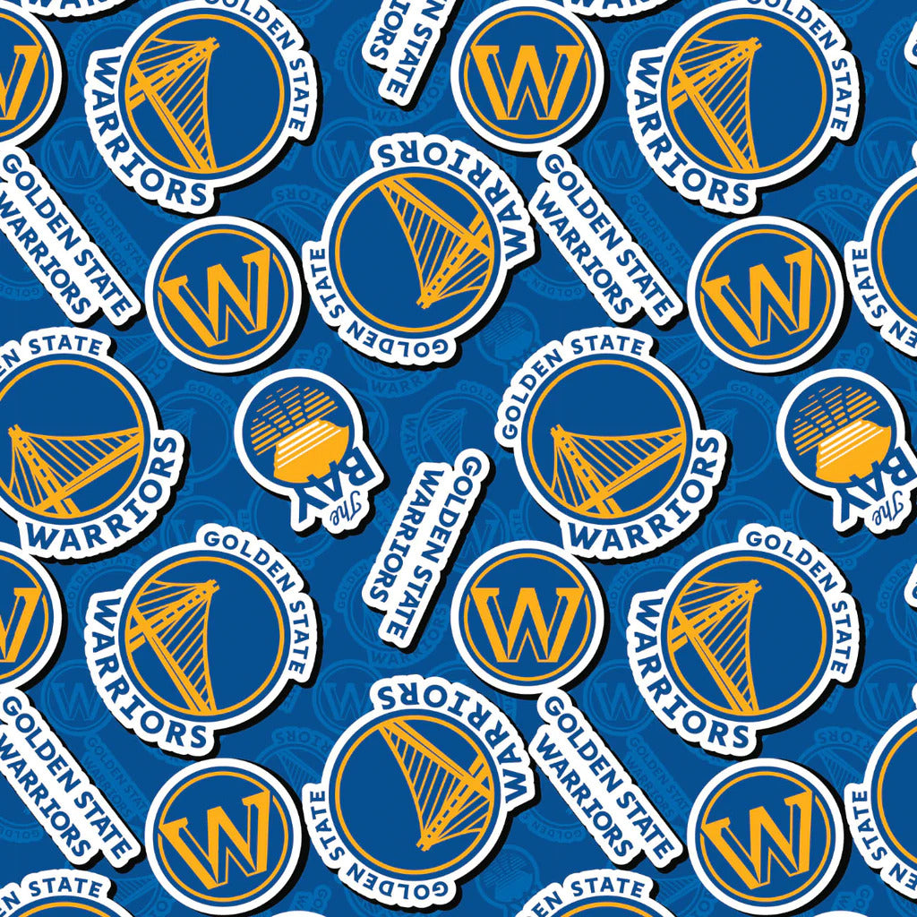 Golden State Warriors NBA Basketball 2023 Sticker Toss Blue Camelot Cotton Fabric