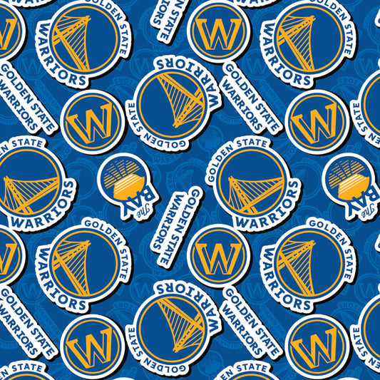 Golden State Warriors NBA Basketball 2023 Sticker Toss Blue Camelot Cotton Fabric