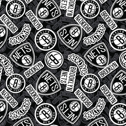 Brooklyn Nets NBA Basketball 2023 Sticker Toss Black Camelot Cotton Fabric