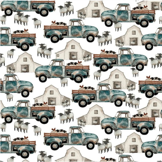 A Beautiful Day Trucks and Barns Allover Multi Dawn Rosengren Henry Glass Cotton Fabric