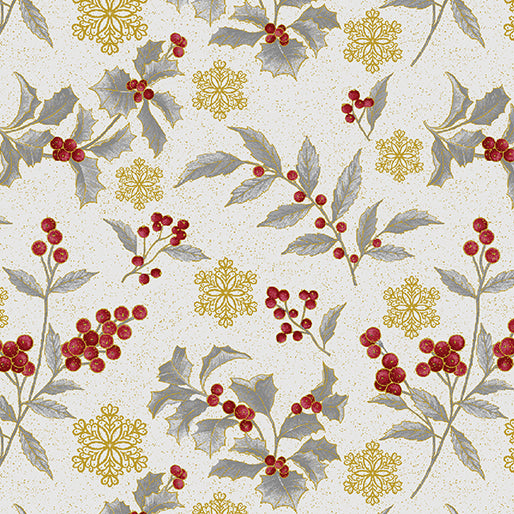 A Botanical Season Festive Holly Toss Grey Gold Metallic Jackie Robinson Benartex Cotton Fabric