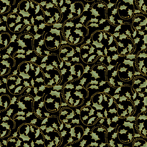 A Botanical Season Golden Leaf Scroll Ebony Black Gold Metallic Jackie Robinson Benartex Cotton Fabric