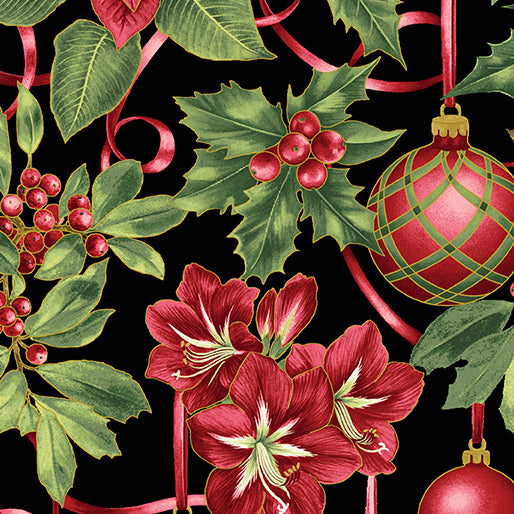 A Botanical Season Black Christmas Holly Gold Metallic Jackie Robinson Benartex Cotton Fabric