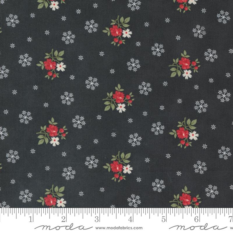 A Christmas Carol Floral Flurries Small Floral Snowflakes Ebony Red 3 Sisters Moda Cotton Fabric