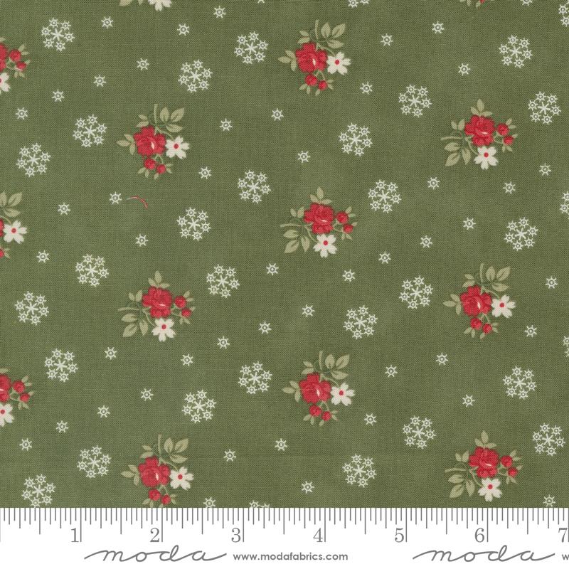 A Christmas Carol Floral Flurries Small Floral Snowflakes Holly Green 3 Sisters Moda Cotton Fabric