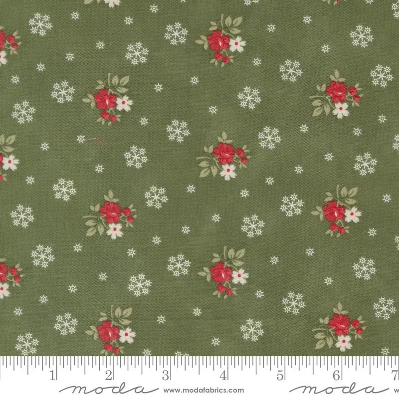 A Christmas Carol Floral Flurries Small Floral Snowflakes Holly Green 3 Sisters Moda Cotton Fabric | US Fabric Shop
