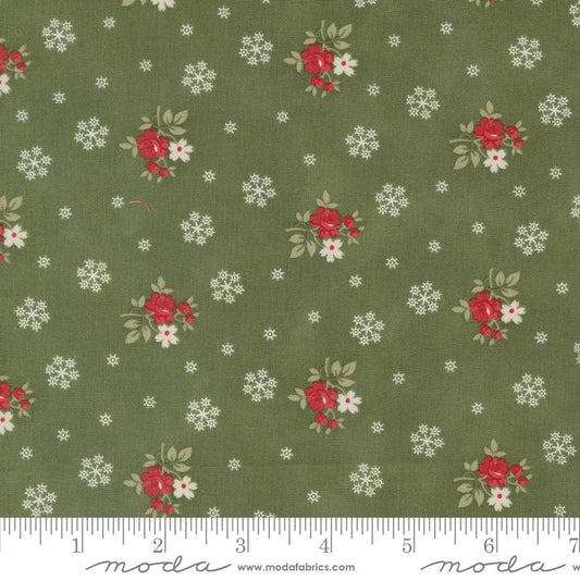 A Christmas Carol Floral Flurries Small Floral Snowflakes Holly Green 3 Sisters Moda Cotton Fabric