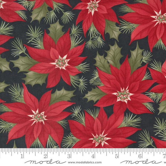 A Christmas Carol Promising Poinsettia Large Floral Ebony Black 3 Sisters Moda Cotton Fabric