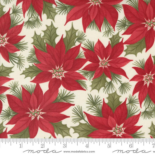 A Christmas Carol Promising Poinsettia Large Floral Snowflake Cream Red 3 Sisters Moda Cotton Fabric