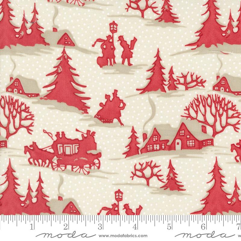 A Christmas Carol Winter Villages Landscape and Carolers Snowflake Cream Red 3 Sisters Moda