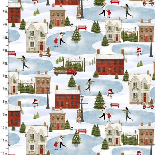 A Christmas to Remember Skating  Village White Beth Albert 3 Wishes Cotton Fabric