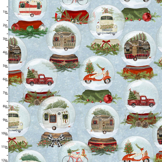 A Christmas to Remember Snow globes RV Bikes Campers Light Blue Beth Albert 3 Wishes Cotton Fabric