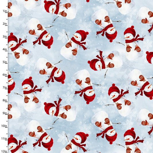 A Christmas to Remember Tossed Snowmen Light Blue Beth Albert 3 Wishes Cotton Fabric