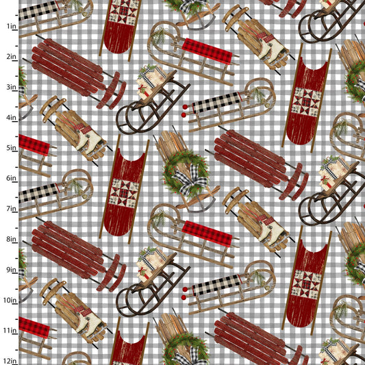 A Christmas to Remember Vintage Sleds Gingham Grey Beth Albert 3 Wishes Cotton Fabric