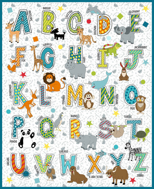 A to Zoo Alphabet Panel 36" White Hannah of Pencil & Ink Studio Blank Quilting Cotton Fabric